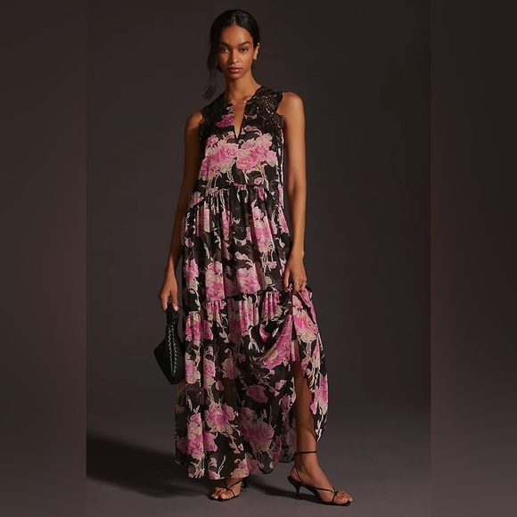 Misa Tie Back Floral Lace Maxi Dress Sheer Size M/L - Picture 2 of 7